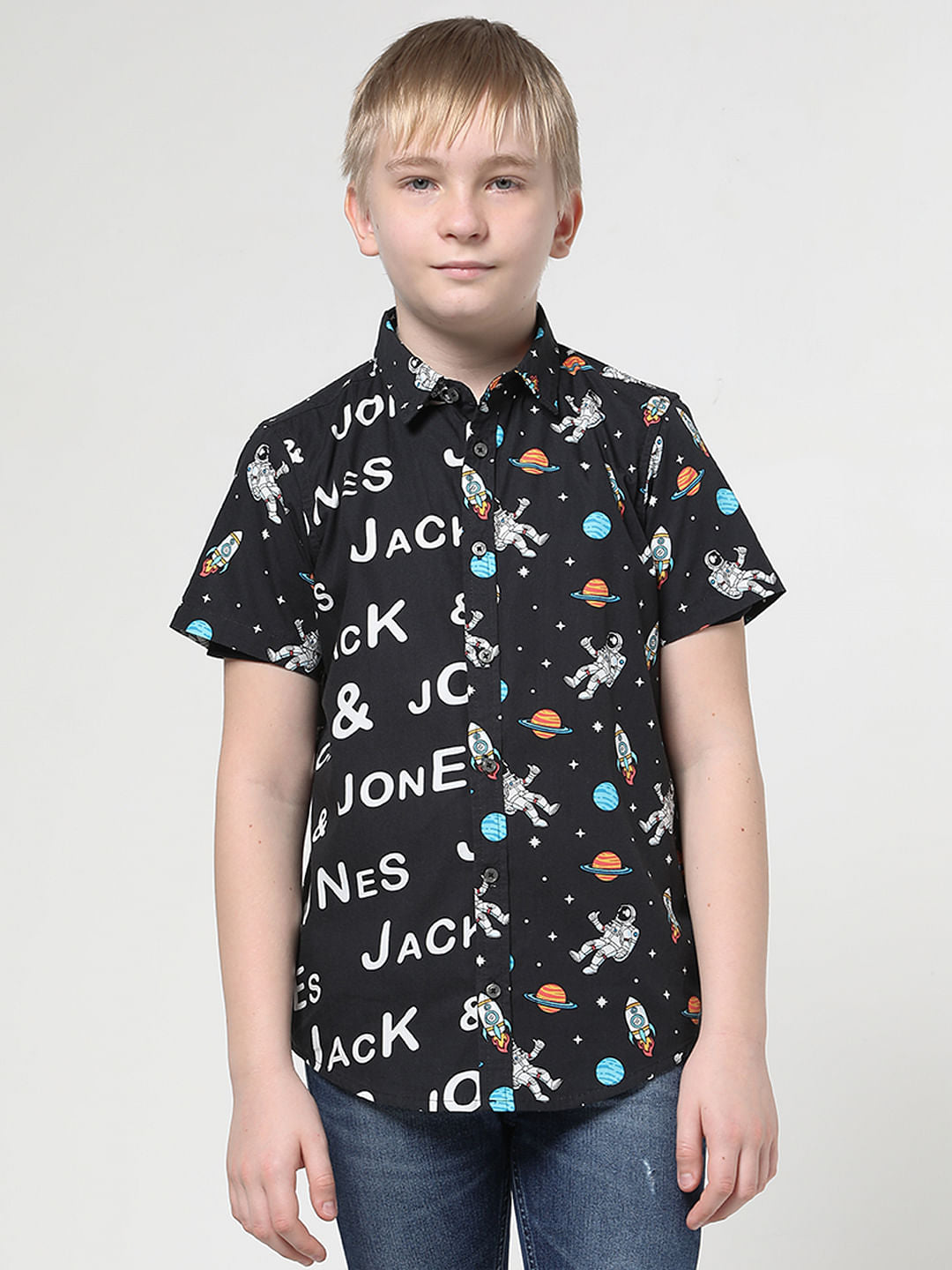 Boys Black Print Block Short Sleeves Shirt