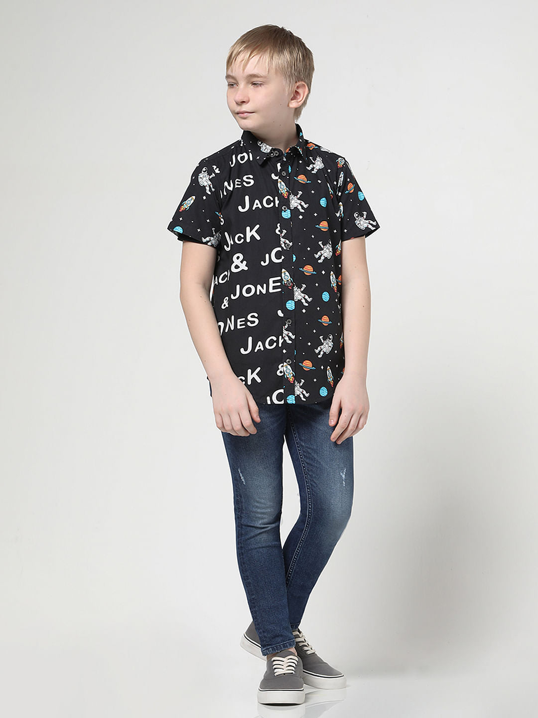 Boys Black Print Block Short Sleeves Shirt