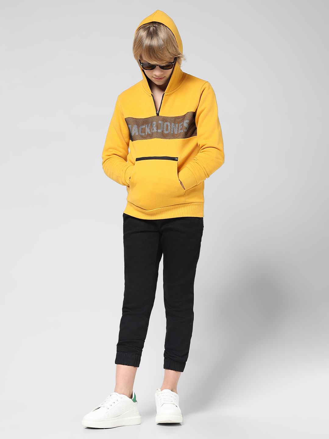 JUNIOR BOYS Yellow Logo Print Hooded Sweatshirt