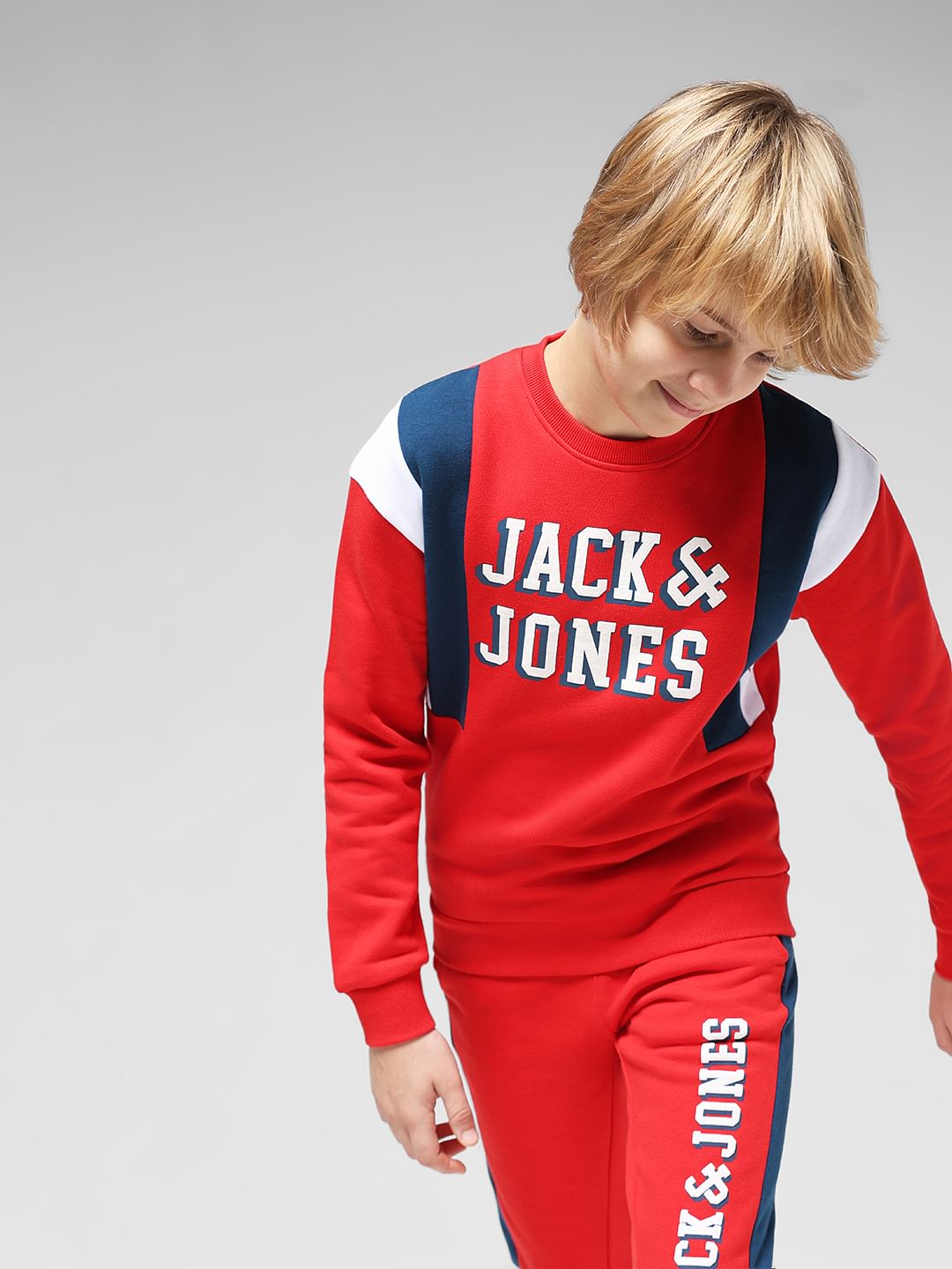 JUNIOR BOYS Red Typographic Print Co-ord Sweatshirt