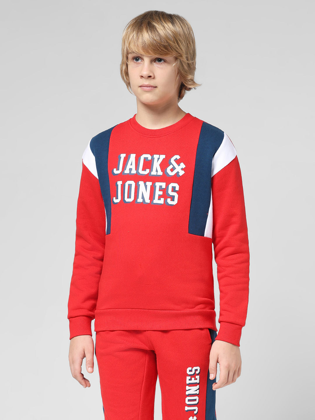 JUNIOR BOYS Red Typographic Print Co-ord Sweatshirt