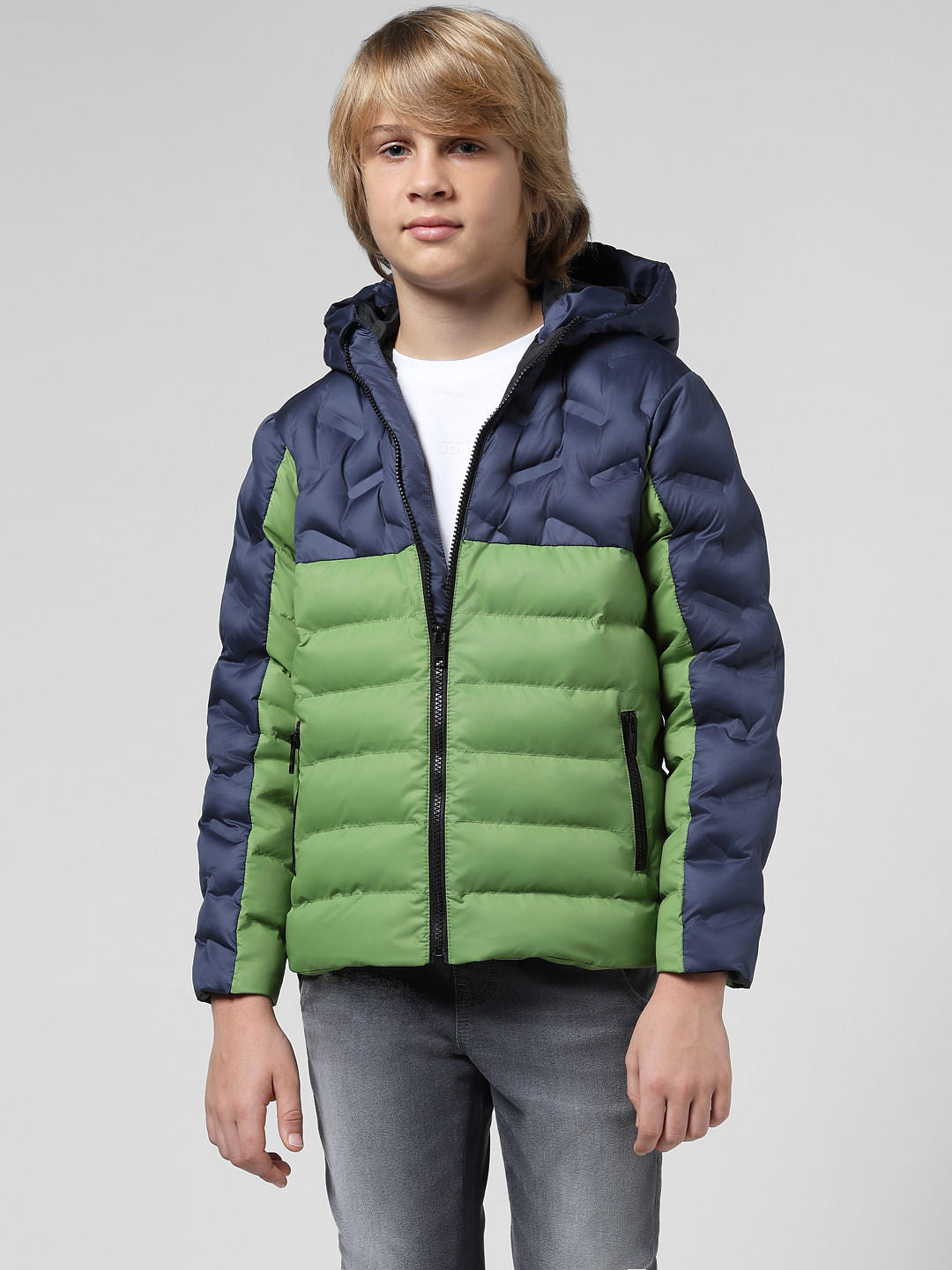 JUNIOR BOYS Blue Colourblocked Puffer Jacket