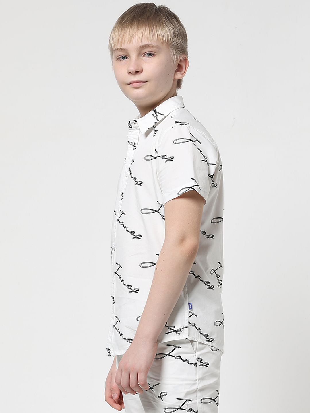 Boys White Logo Print Short Sleeves Shirt