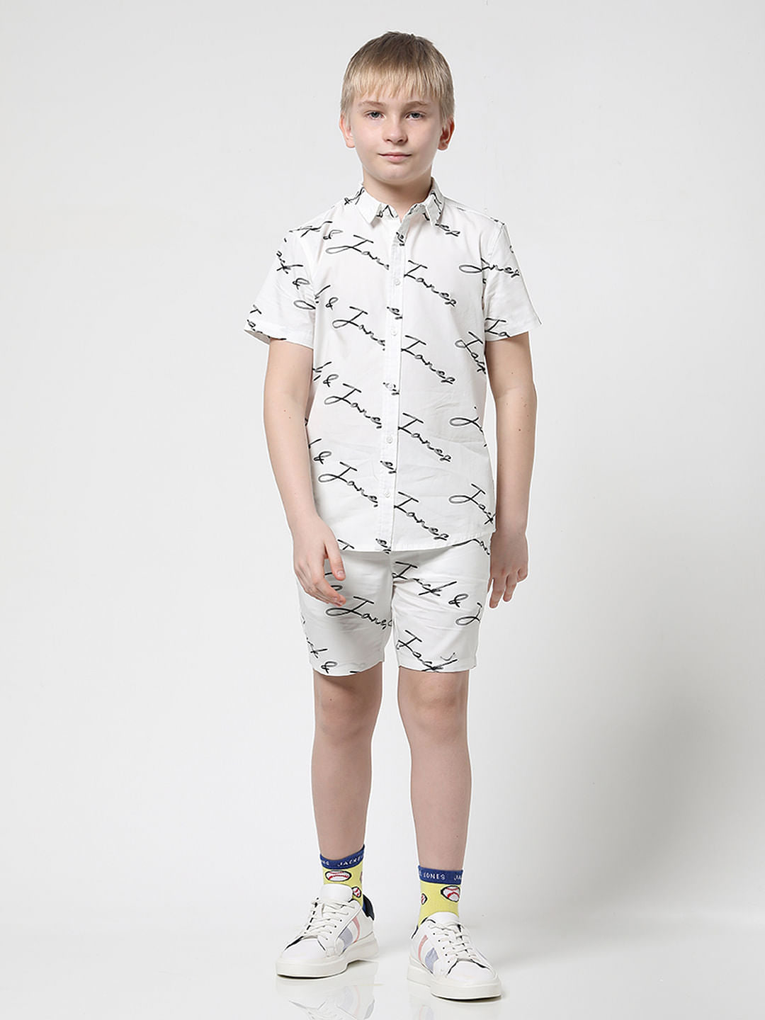 Boys White Logo Print Short Sleeves Shirt