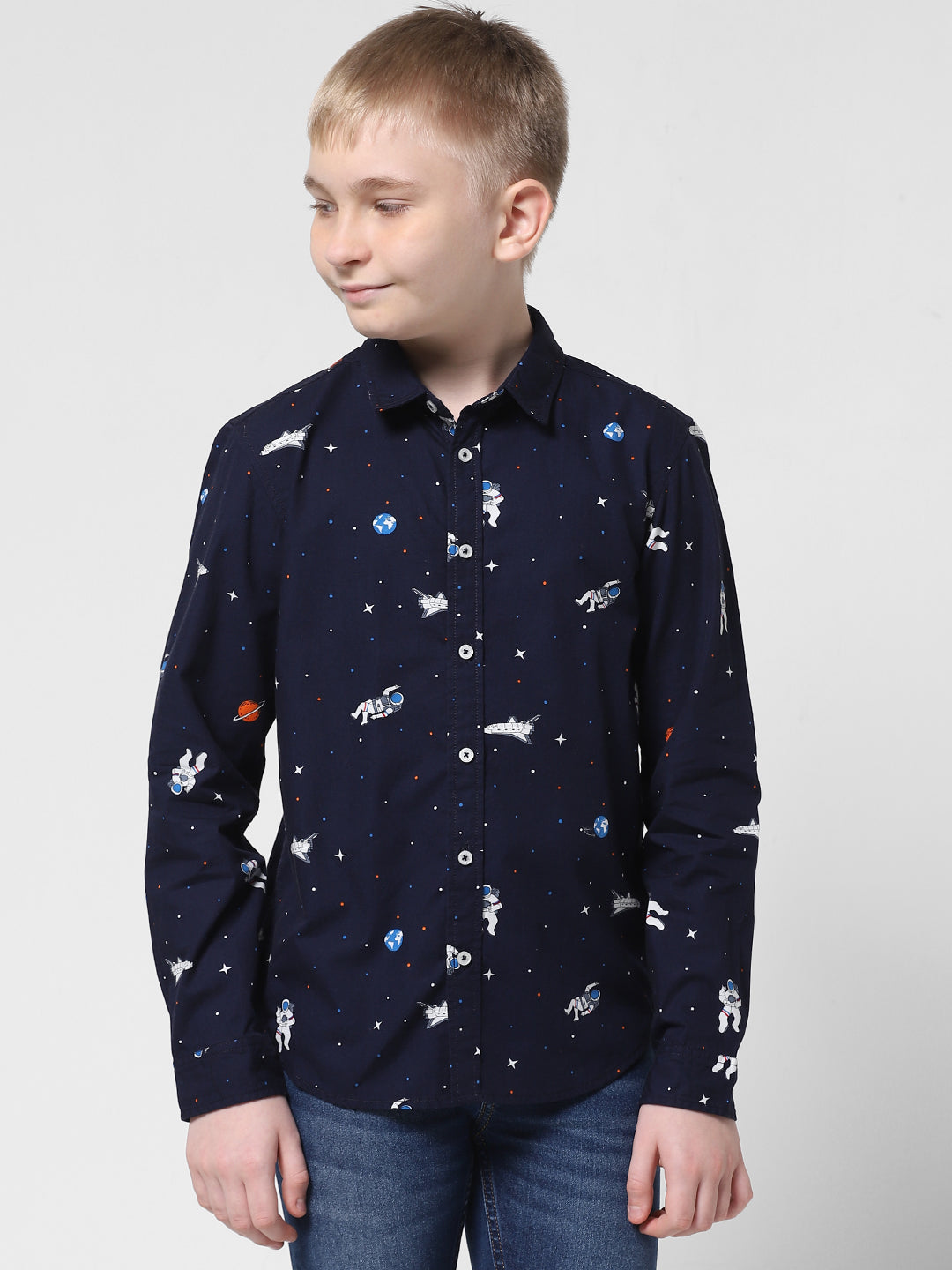JUNIORS Blue Regular Fit All-Over Print Shirts