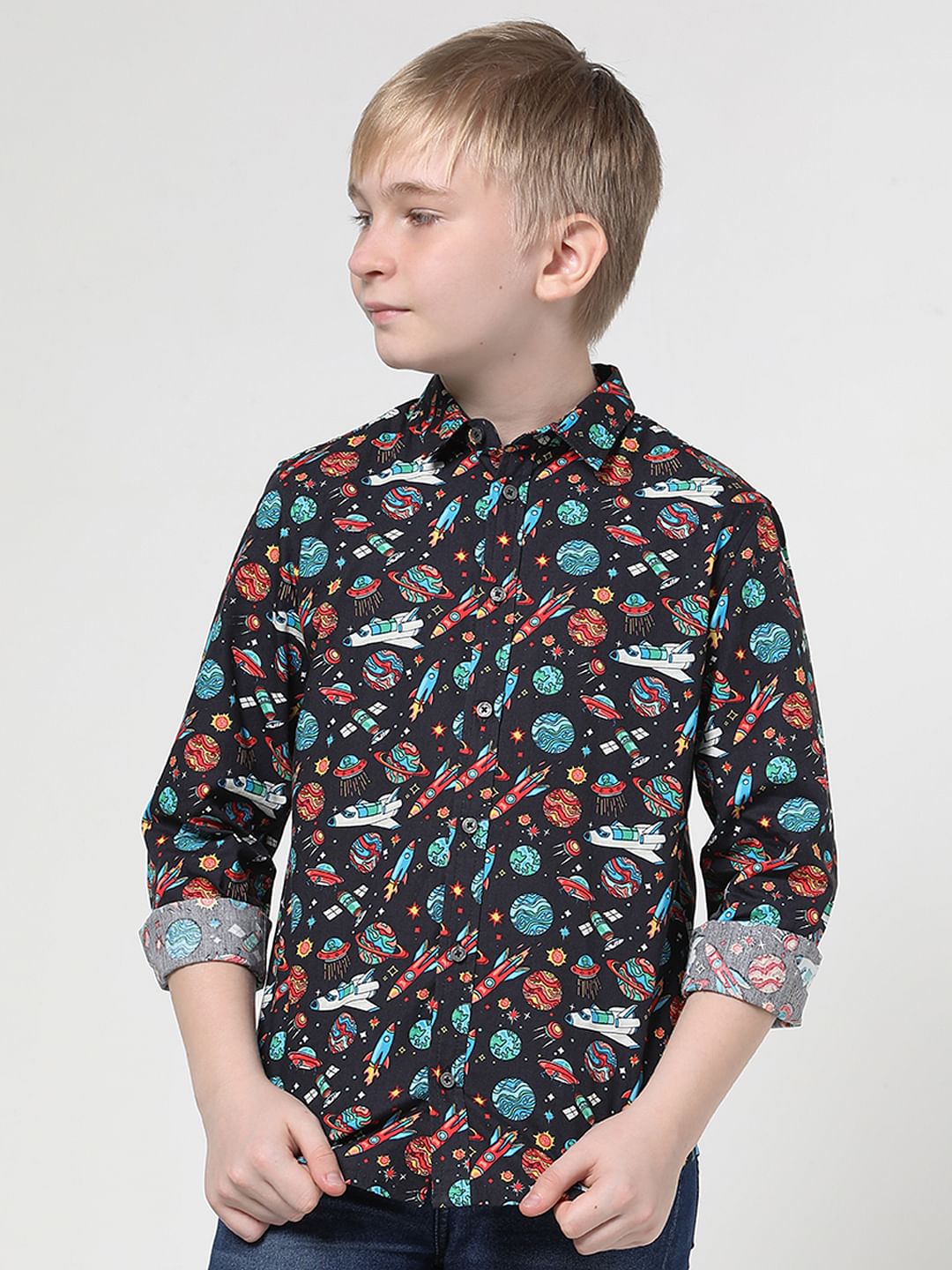 Boys Black Space Print Full Sleeves Shirt