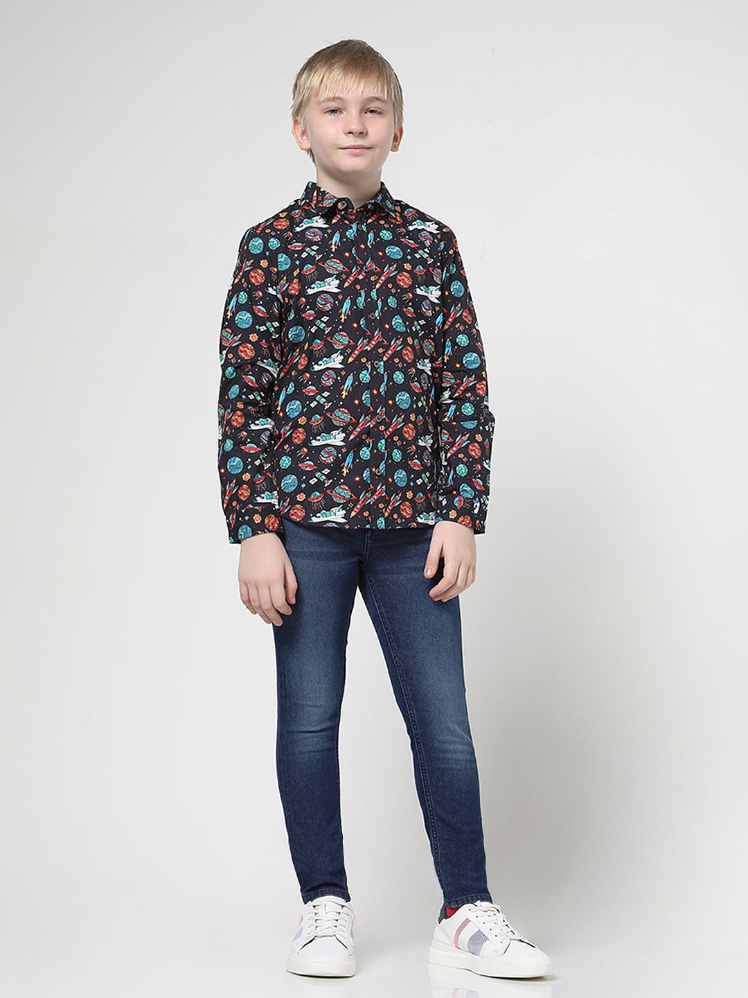 Boys Black Space Print Full Sleeves Shirt