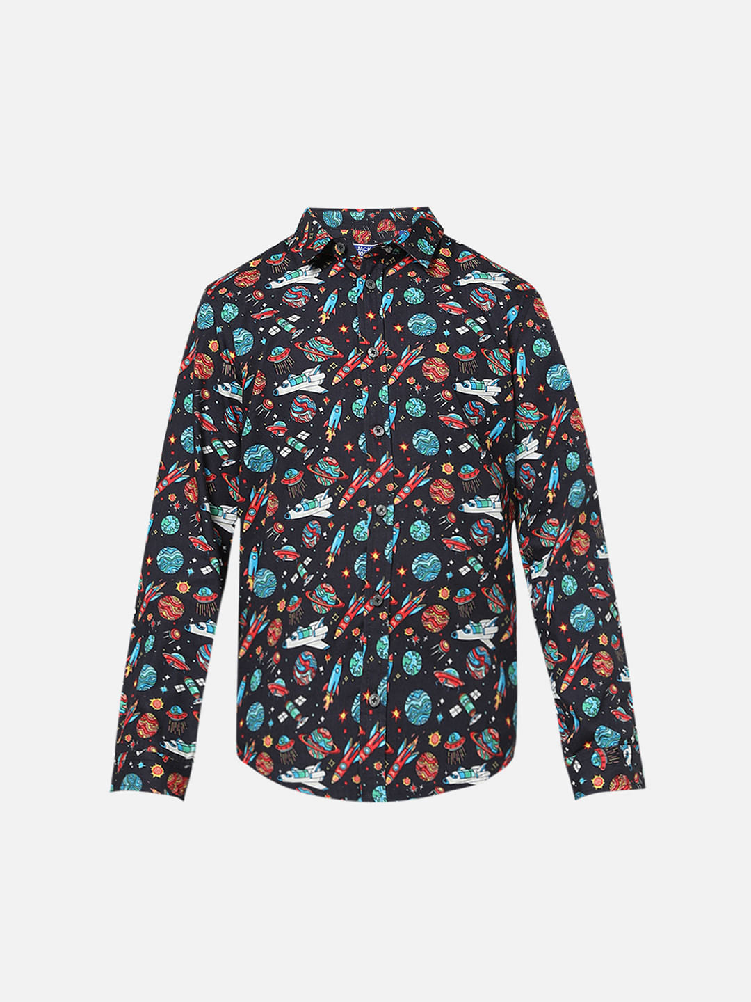 Boys Black Space Print Full Sleeves Shirt