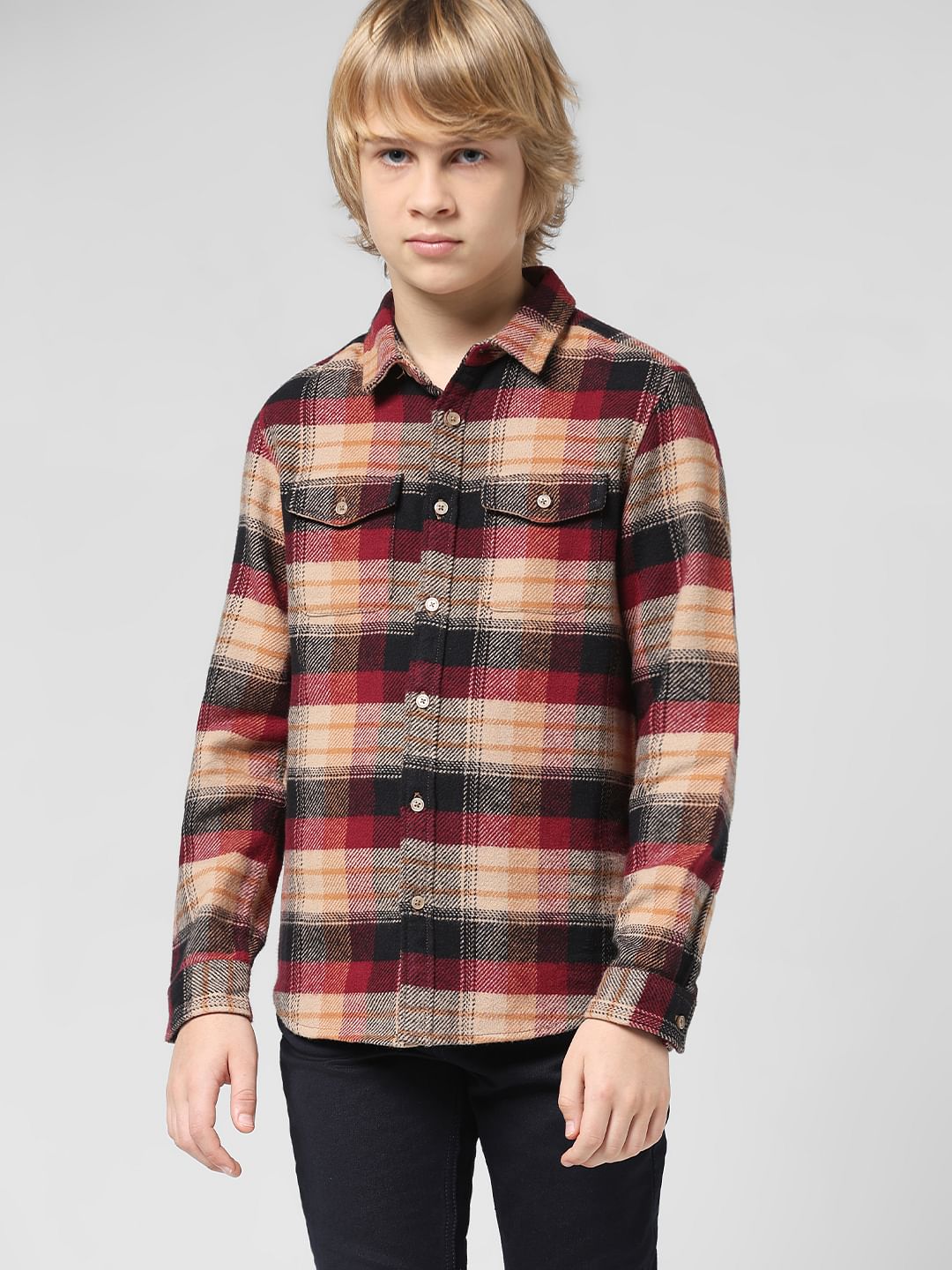 JUNIOR BOYS Beige Check Full Sleeves Shirt