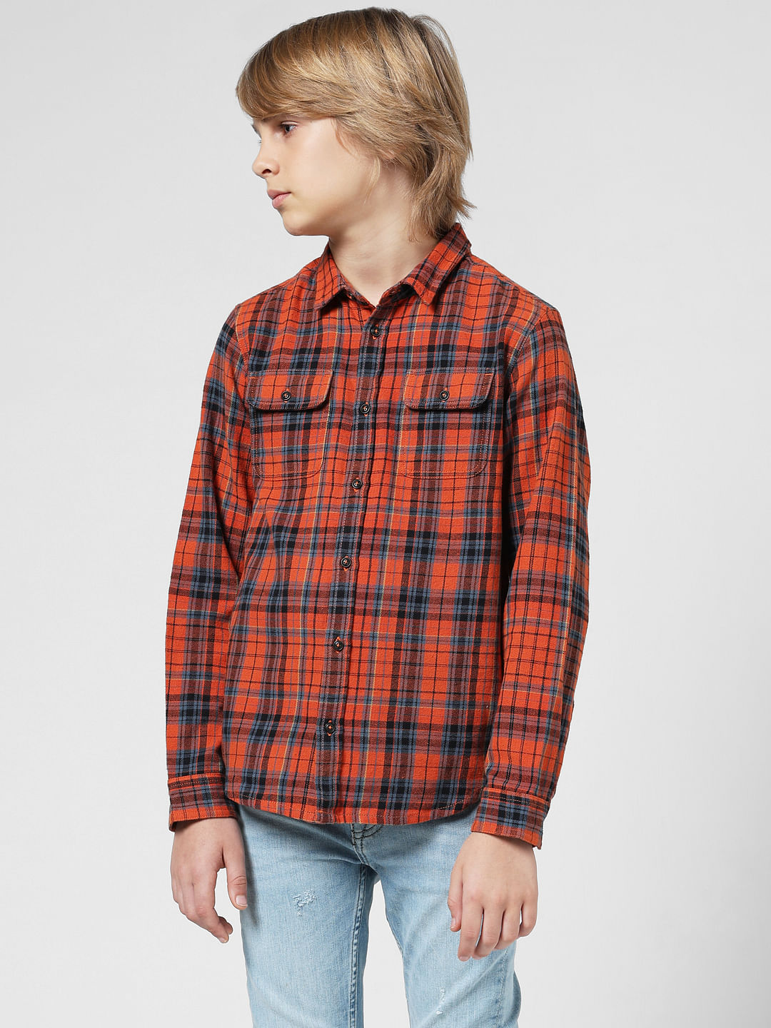 JUNIOR BOYS Orange Check Full Sleeves Shirt