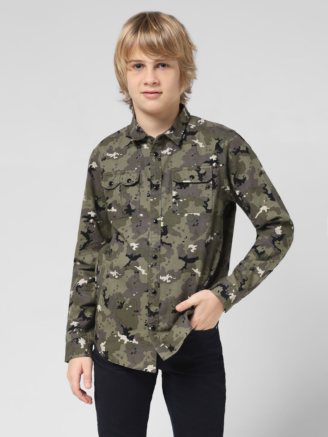 JUNIOR BOYS Green Camo Print Full Sleeves Shirt