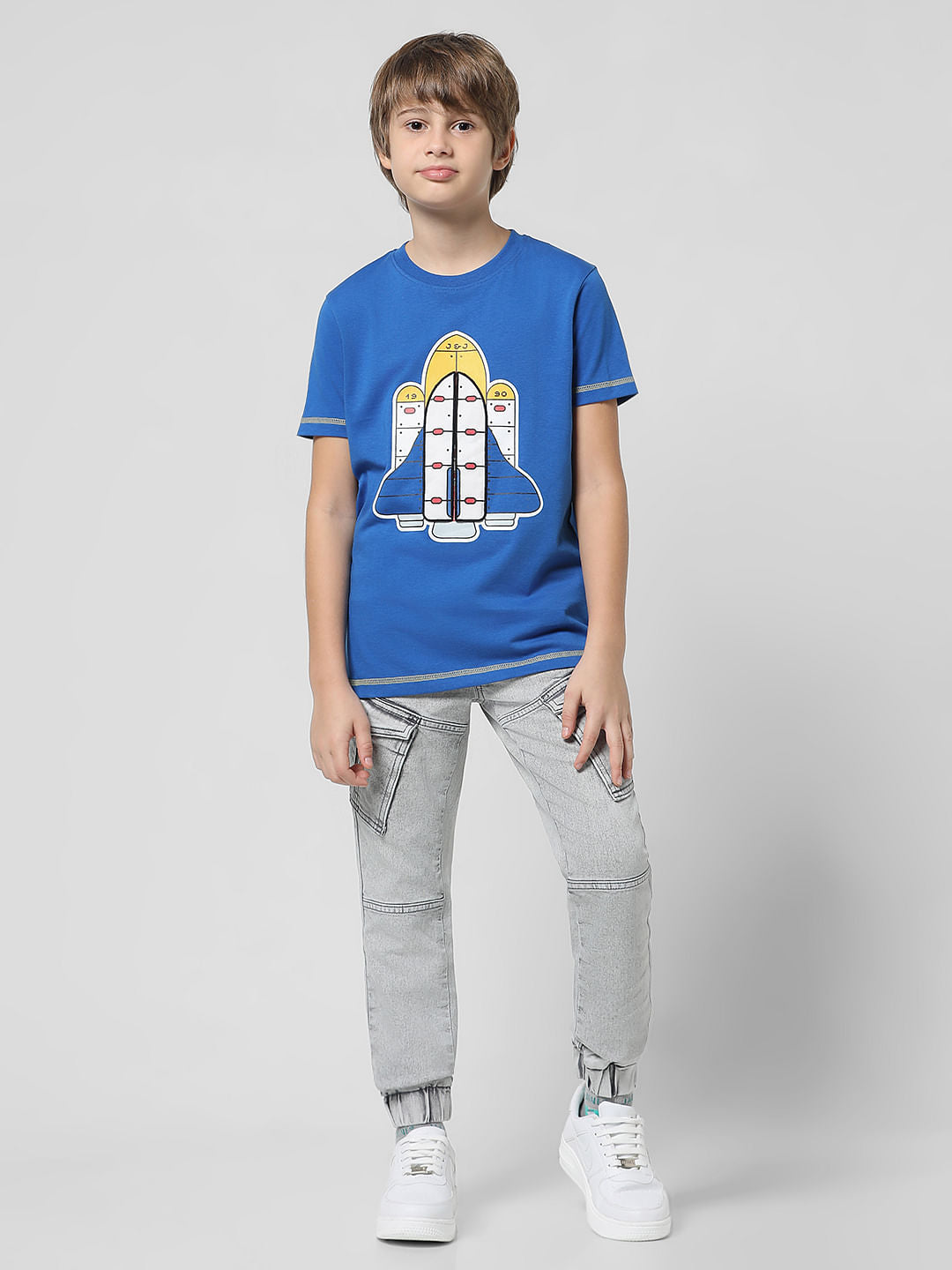 Blue 3D Rocket Print Crew Neck T-shirt