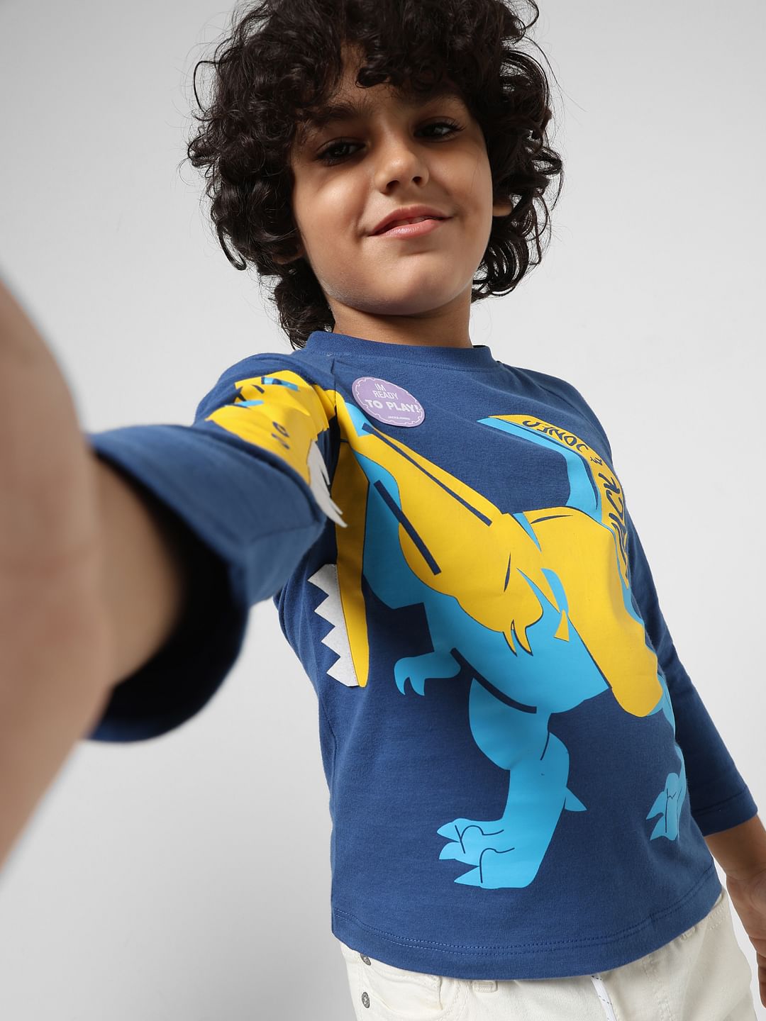 JUNIOR BOYS Blue Printed Full Sleeves T-shirt