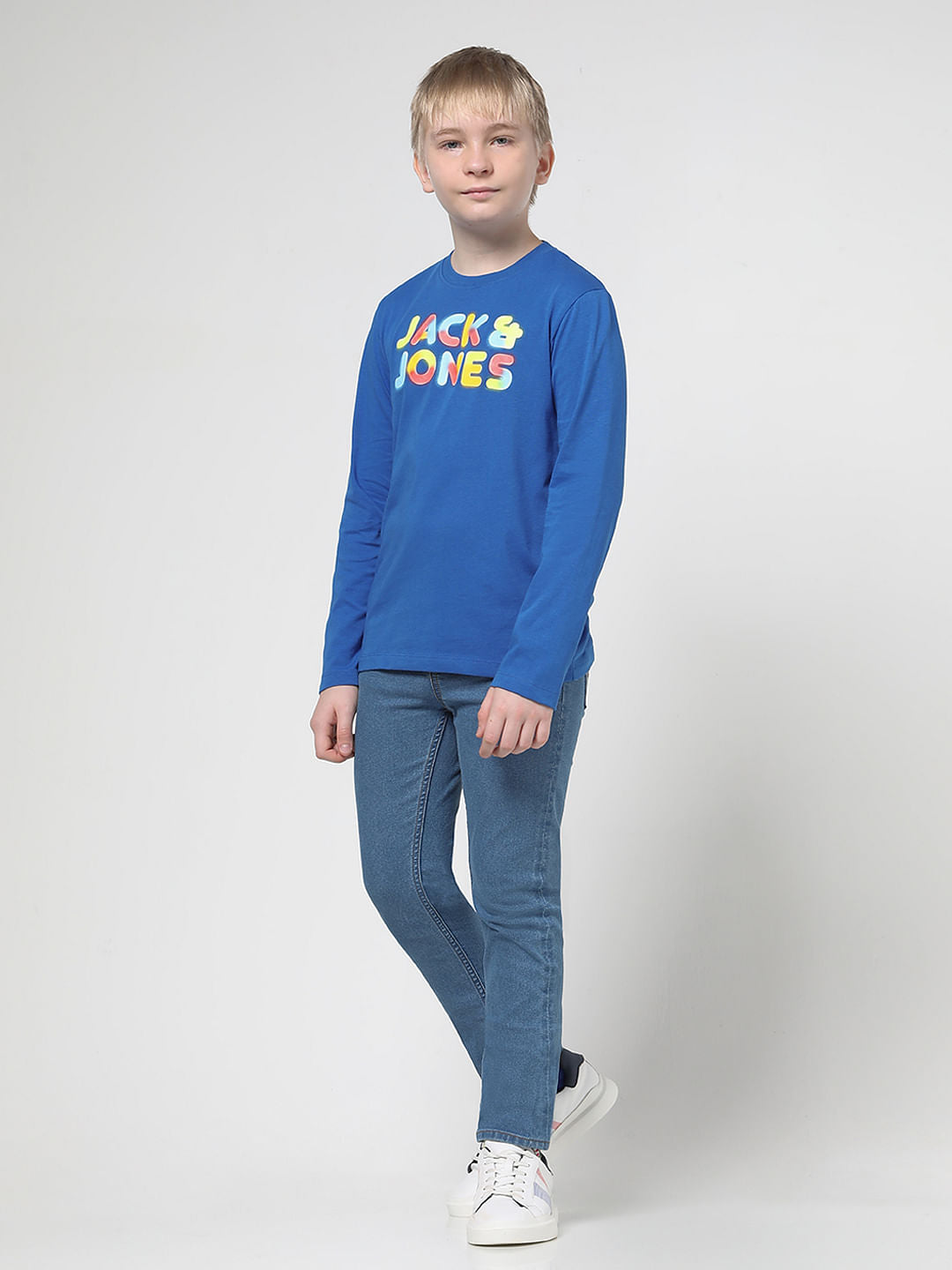 Boys Blue Logo Print Full Sleeves T-shirt