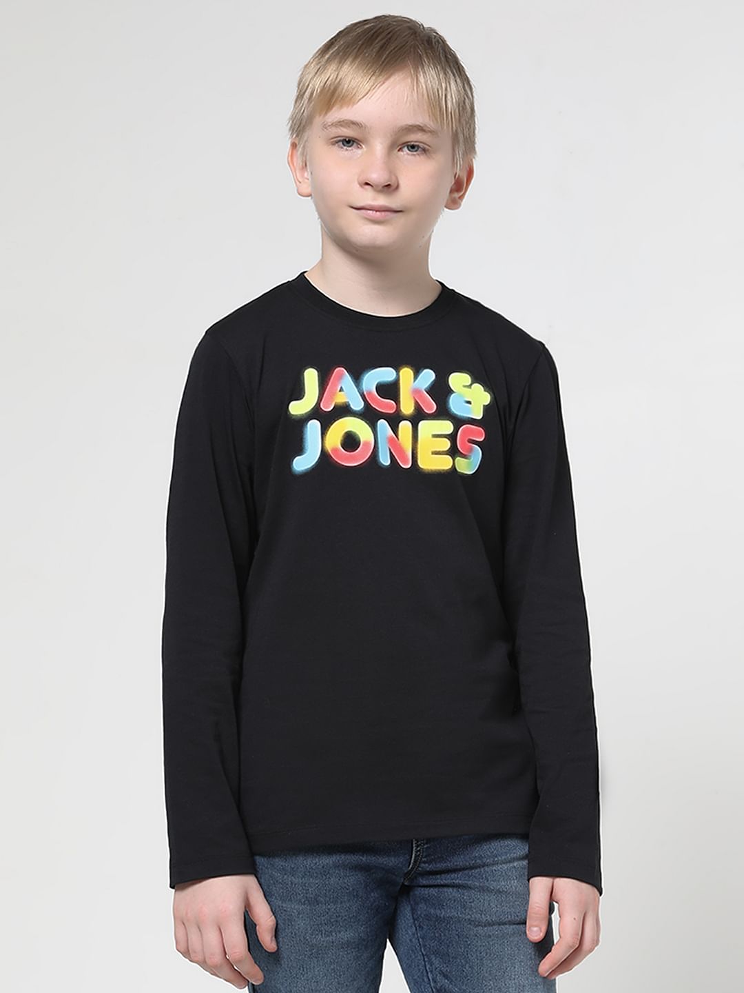 Boys Black Logo Print Full Sleeves T-shirt