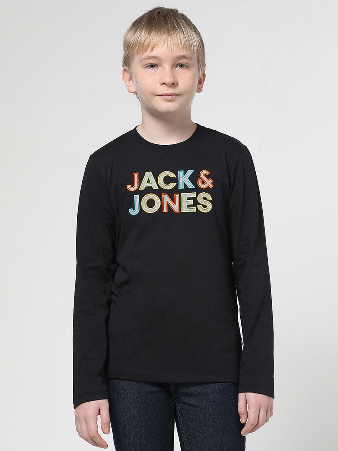 Boys Black Chest Branding Full Sleeves T-shirt