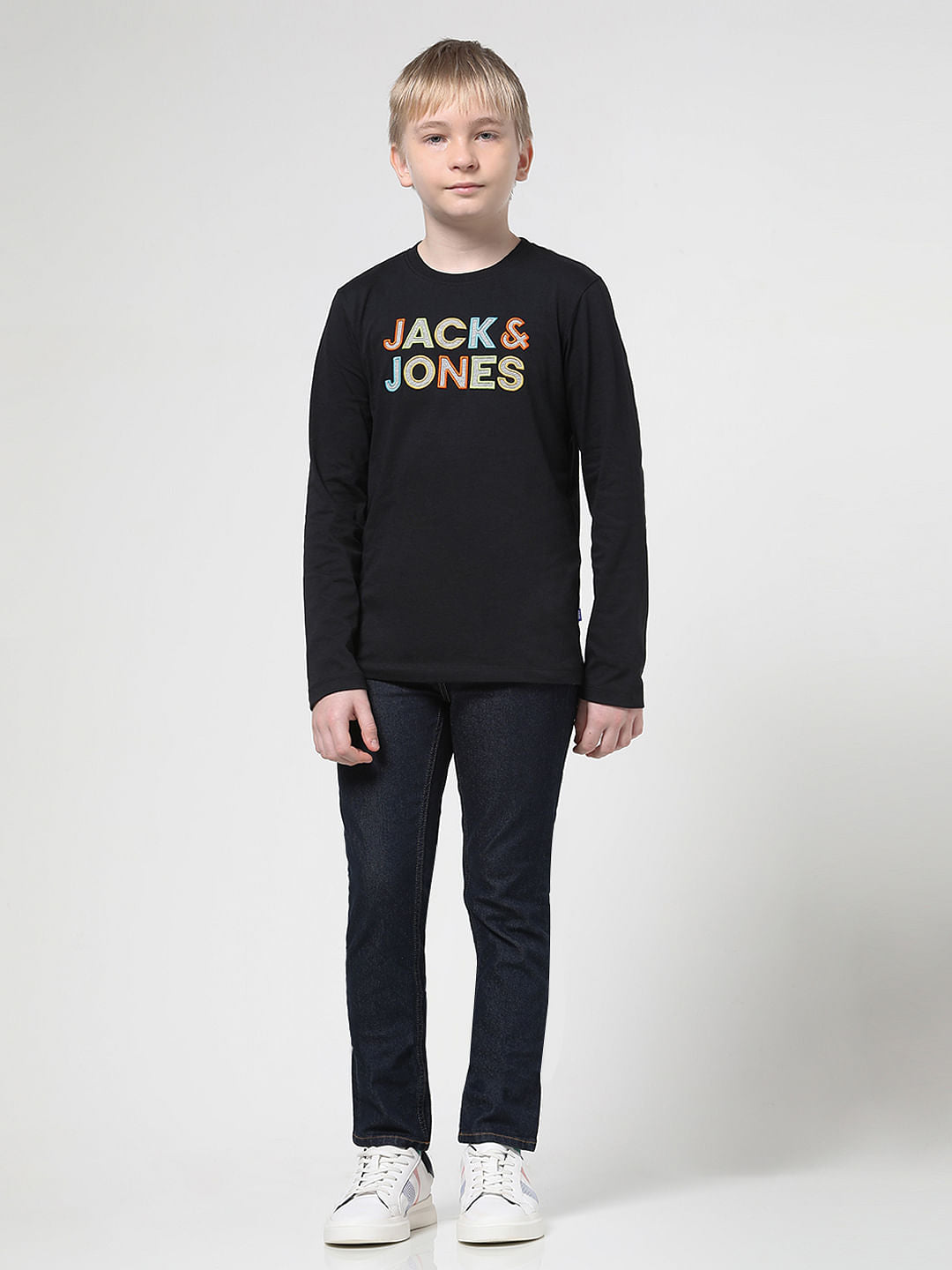 Boys Black Chest Branding Full Sleeves T-shirt