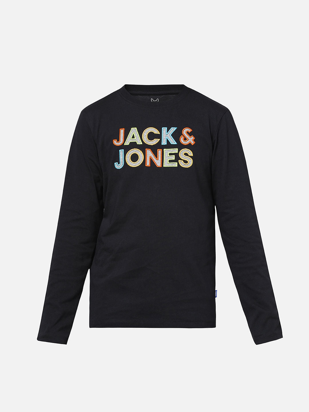 Boys Black Chest Branding Full Sleeves T-shirt