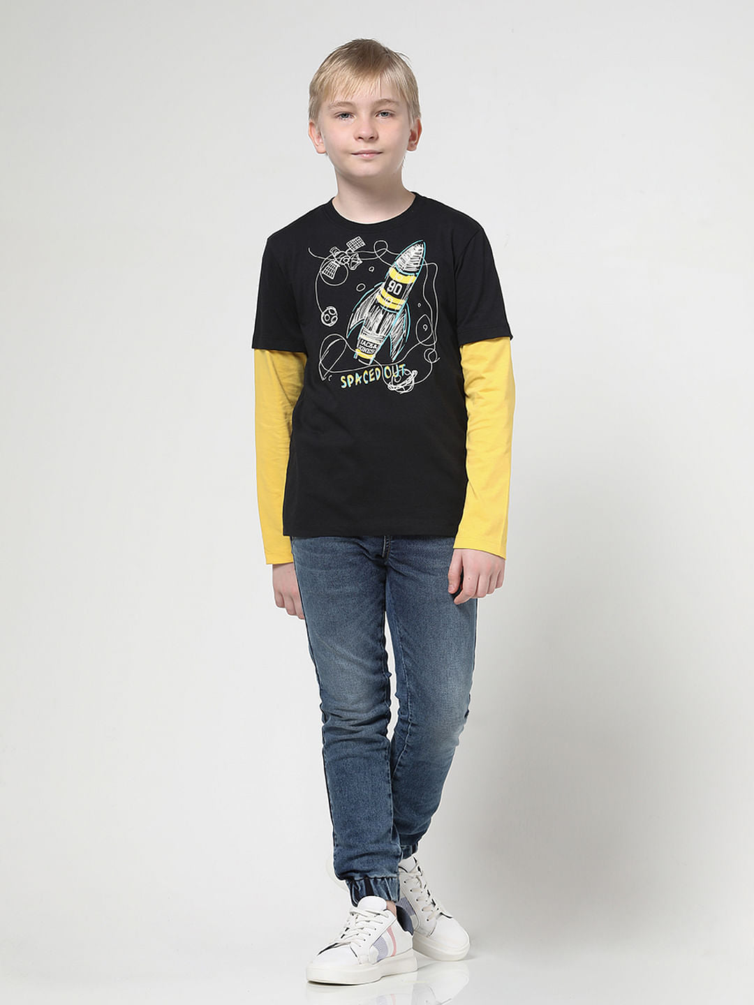 Boys Black Spaced-Out Crew Neck T-shirt