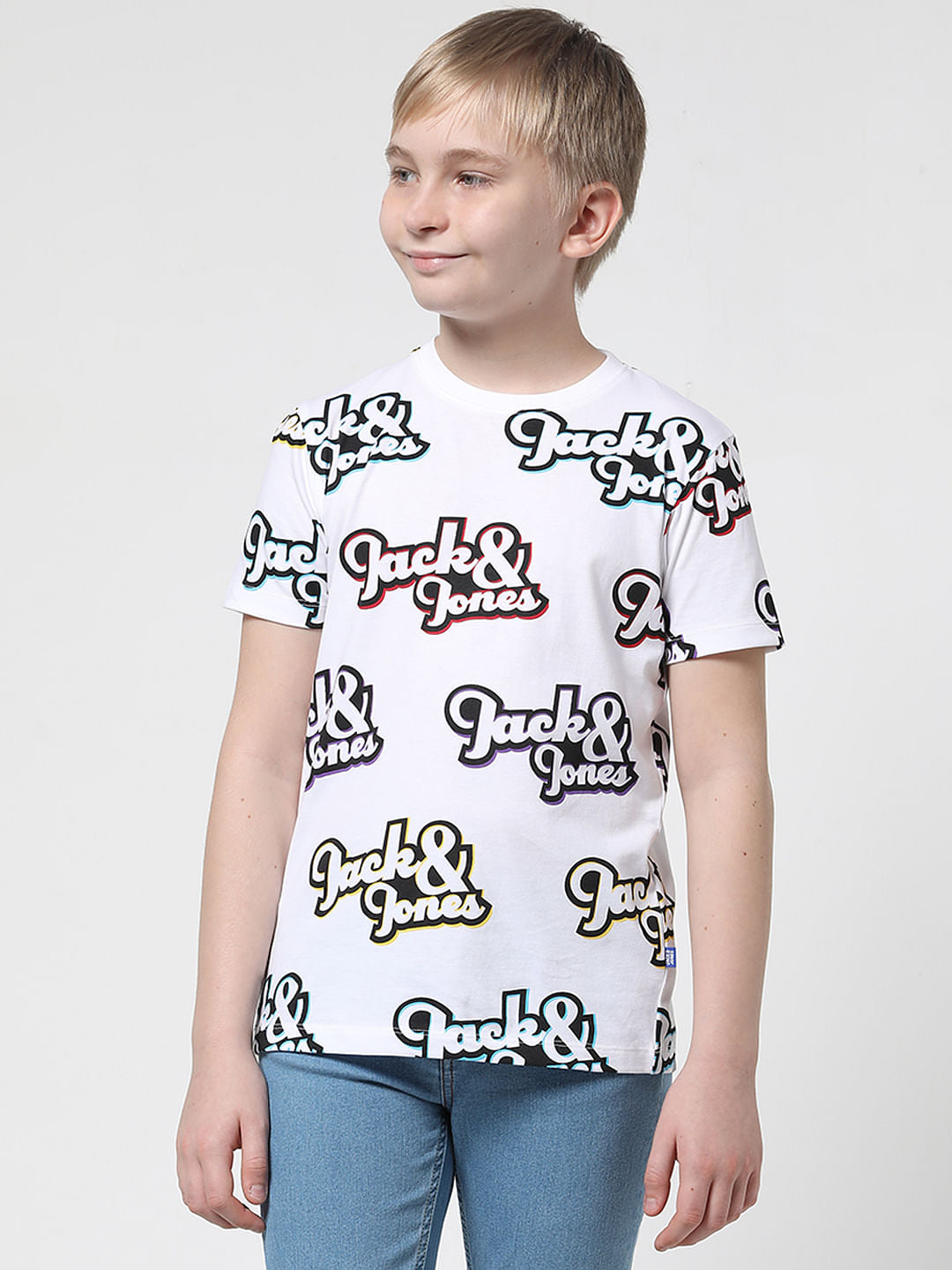 Boys White Logo Print Crew Neck T-shirt