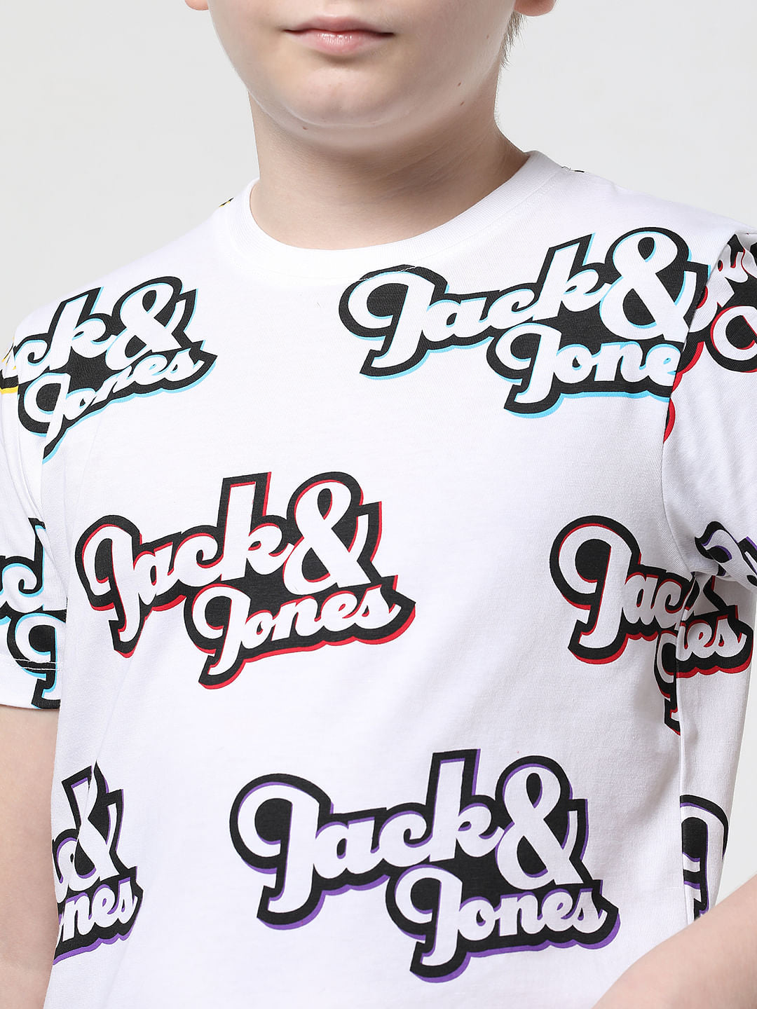 Boys White Logo Print Crew Neck T-shirt