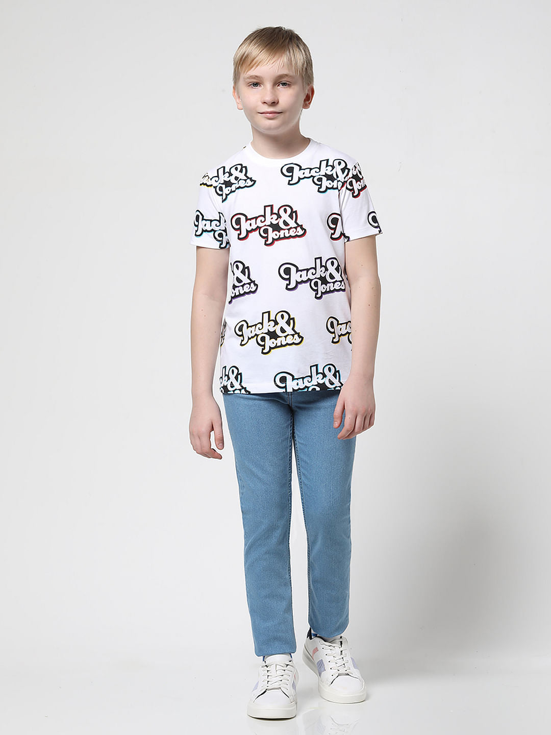 Boys White Logo Print Crew Neck T-shirt