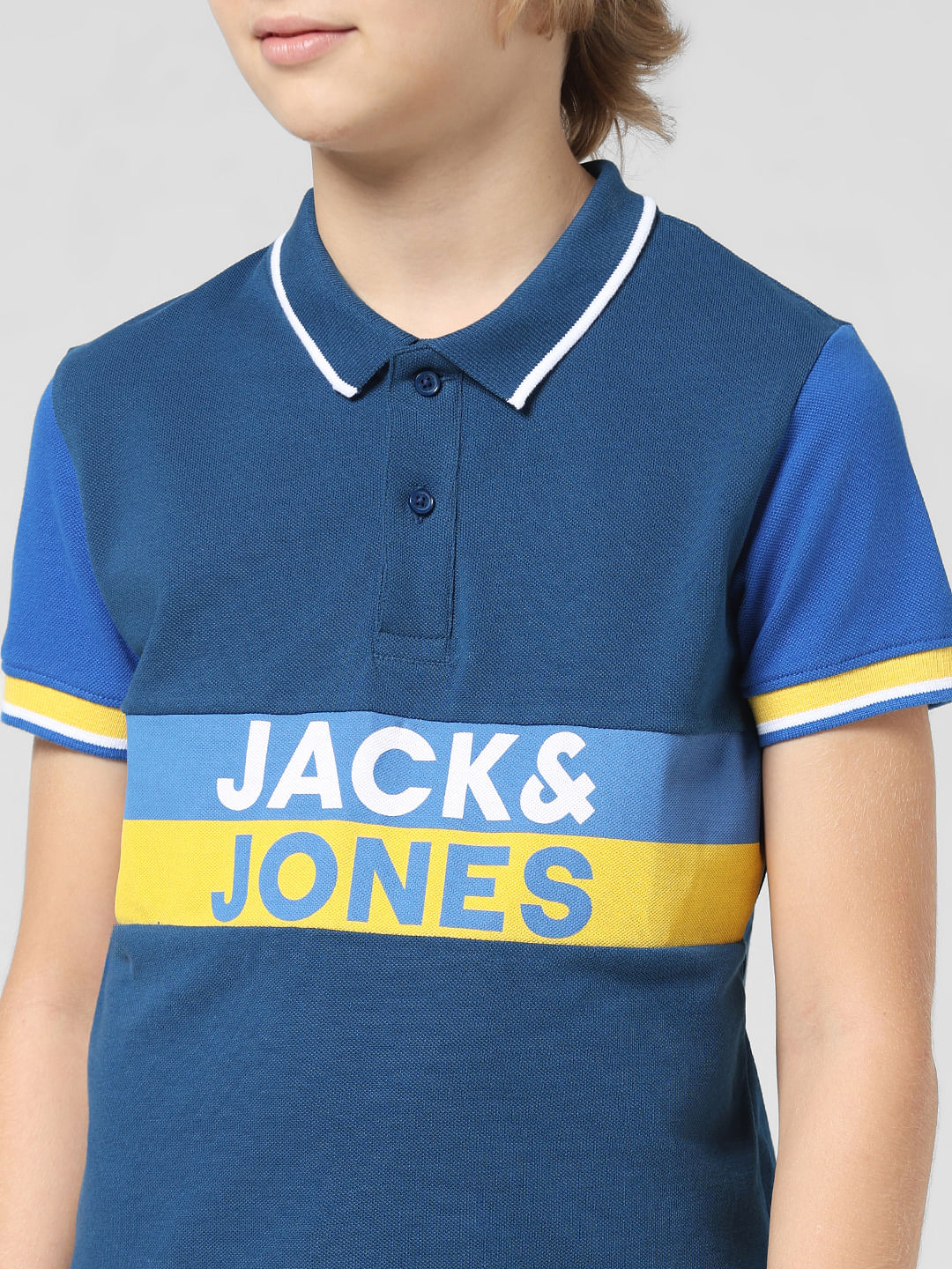 JUNIOR BOYS Blue Typographic Print Polo T-shirt