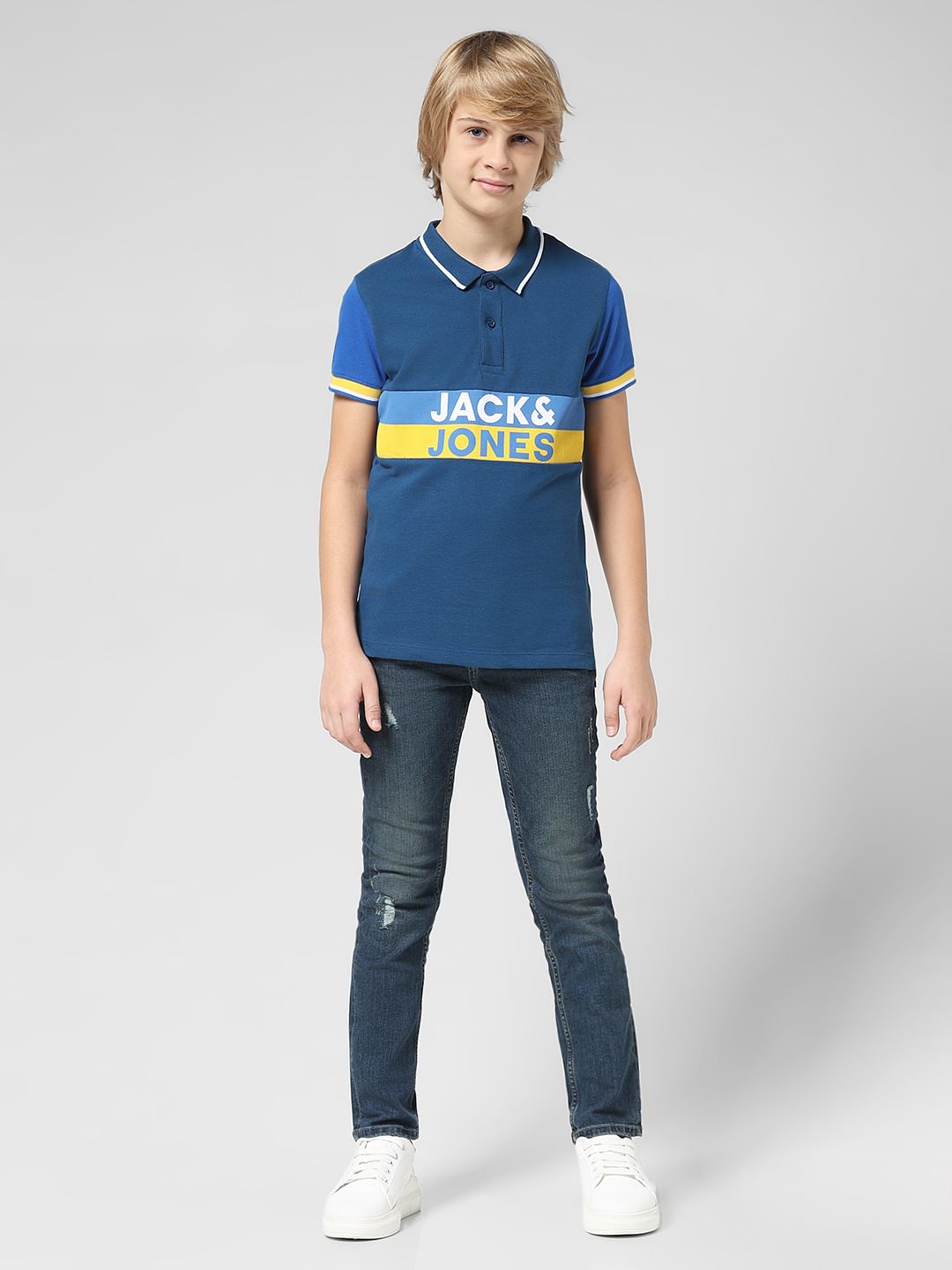JUNIOR BOYS Blue Typographic Print Polo T-shirt