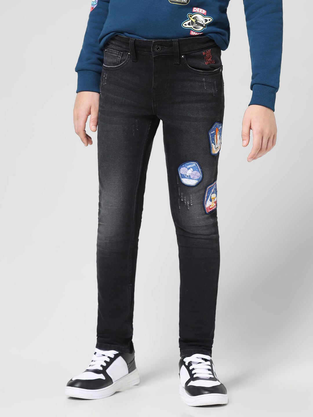 JUNIOR BOYS Black Applique Patch Glenn Slim Fit Jeans