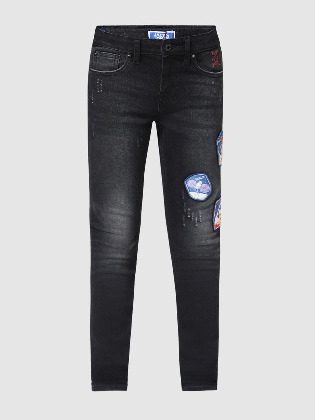 JUNIOR BOYS Black Applique Patch Glenn Slim Fit Jeans