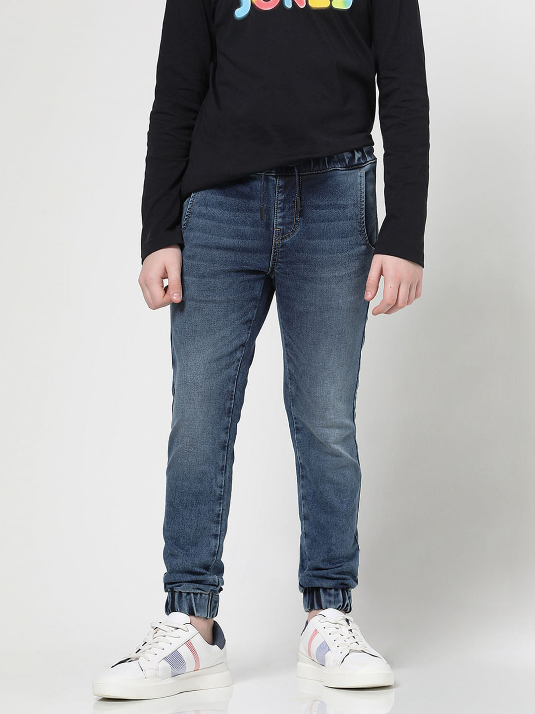 Blue Mid Rise Denim Joggers