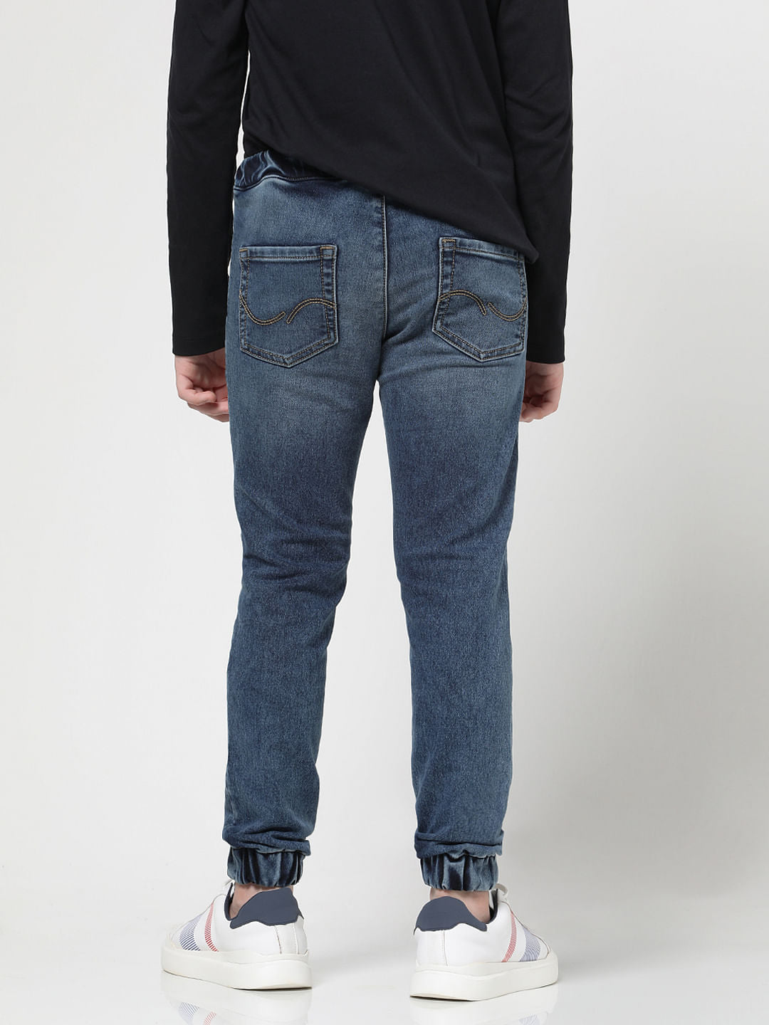 Blue Mid Rise Denim Joggers