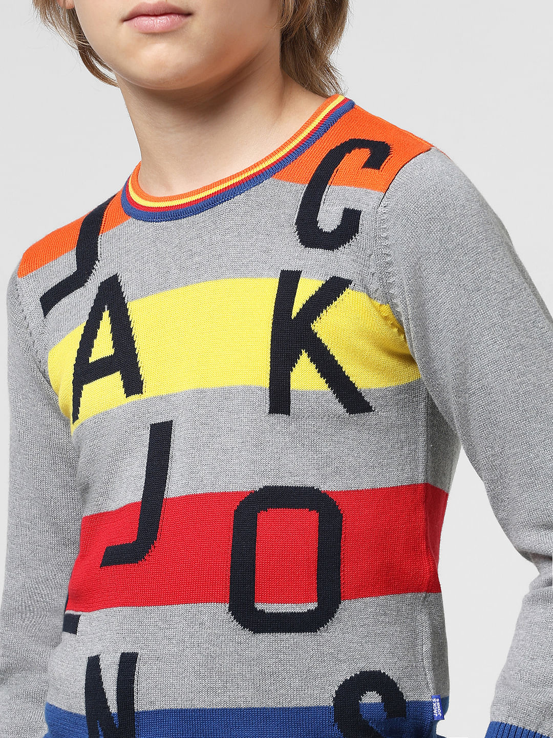 JUNIOR BOYS Grey Striped Logo Print Pullover