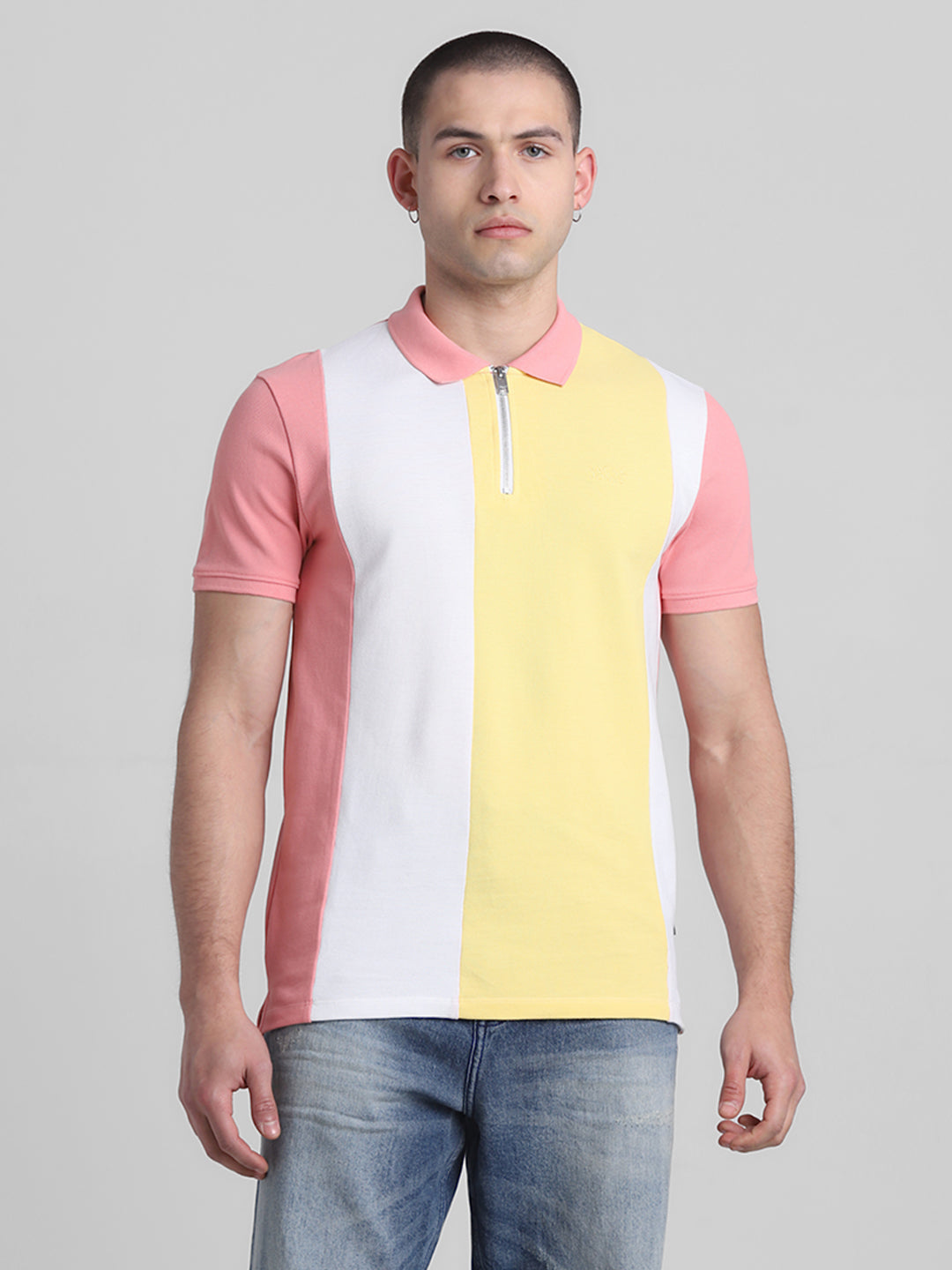Pink Colourblocked Zip Detail Polo