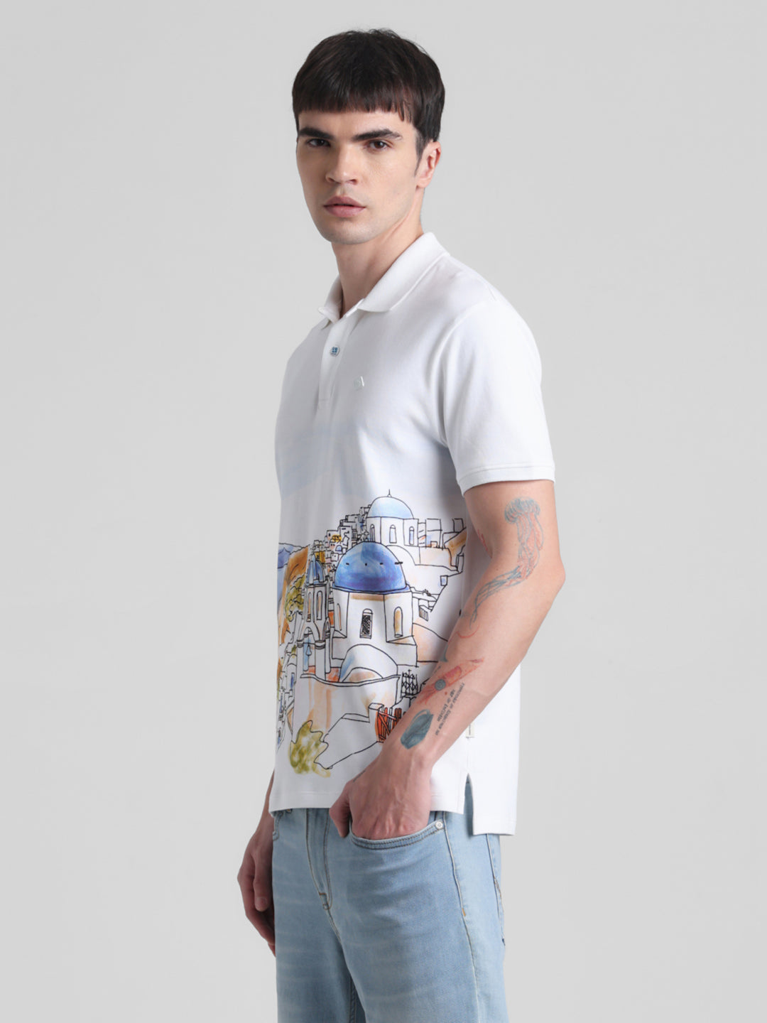 White Landscape Print Polo