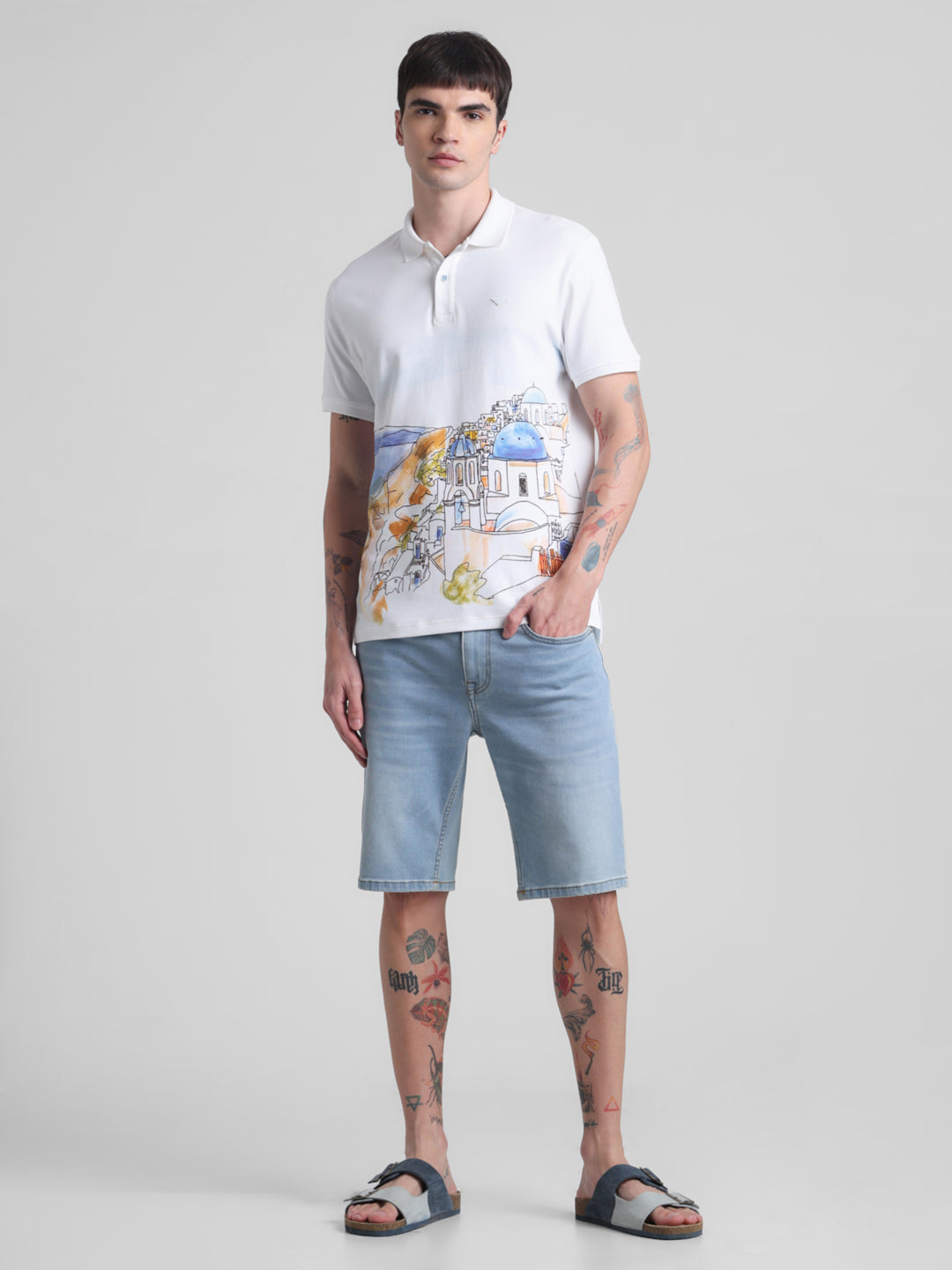 White Landscape Print Polo