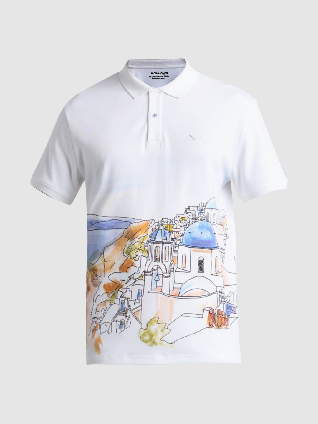 White Landscape Print Polo