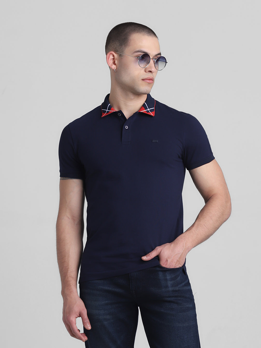 Navy Blue Printed Collar Detail Polo
