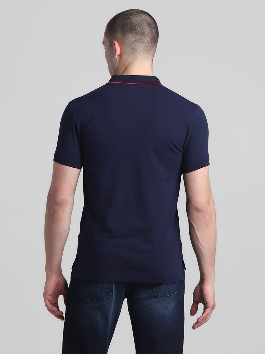 Navy Blue Printed Collar Detail Polo