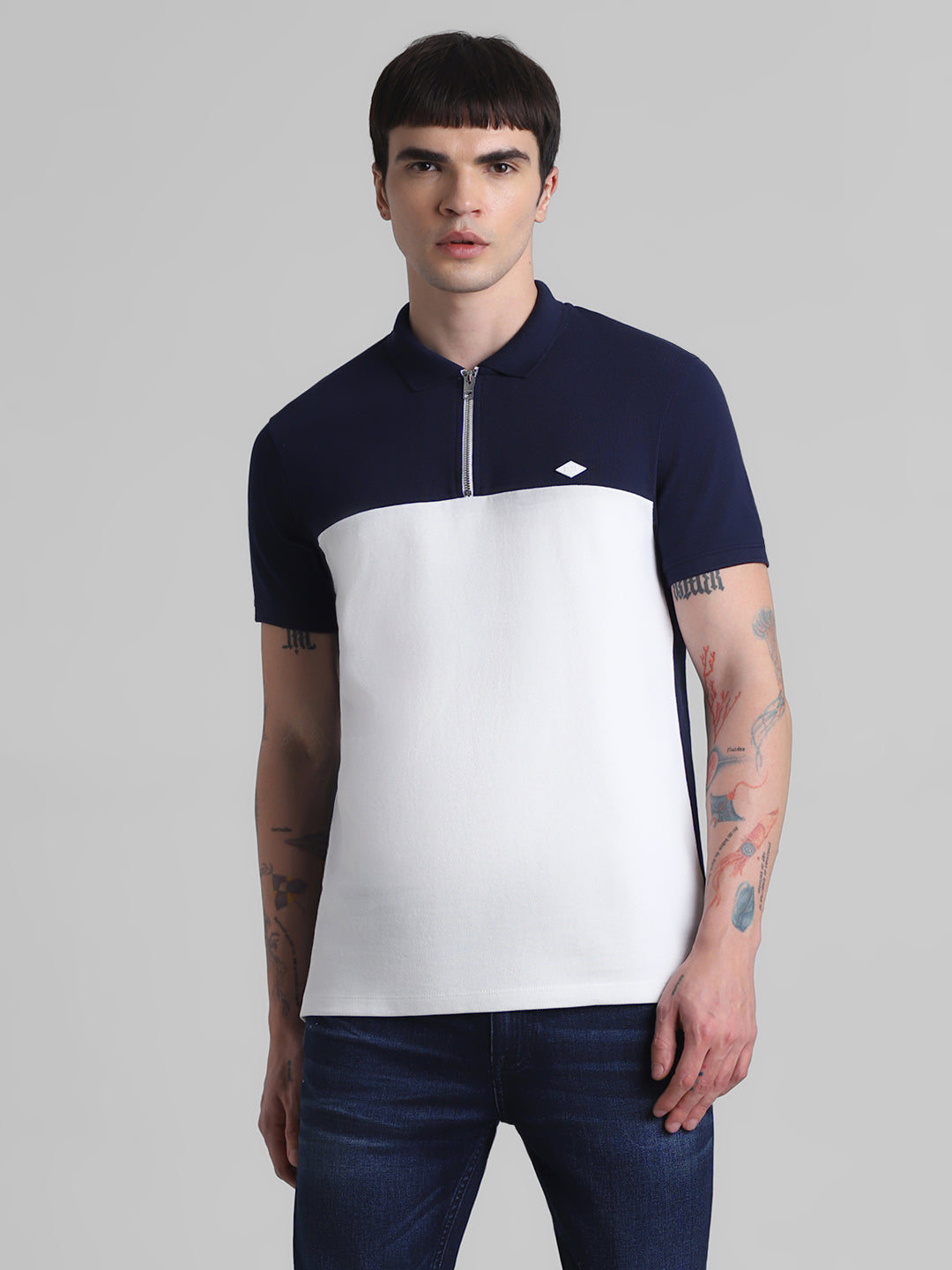 Navy Blue Colourblocked Zipped Polo