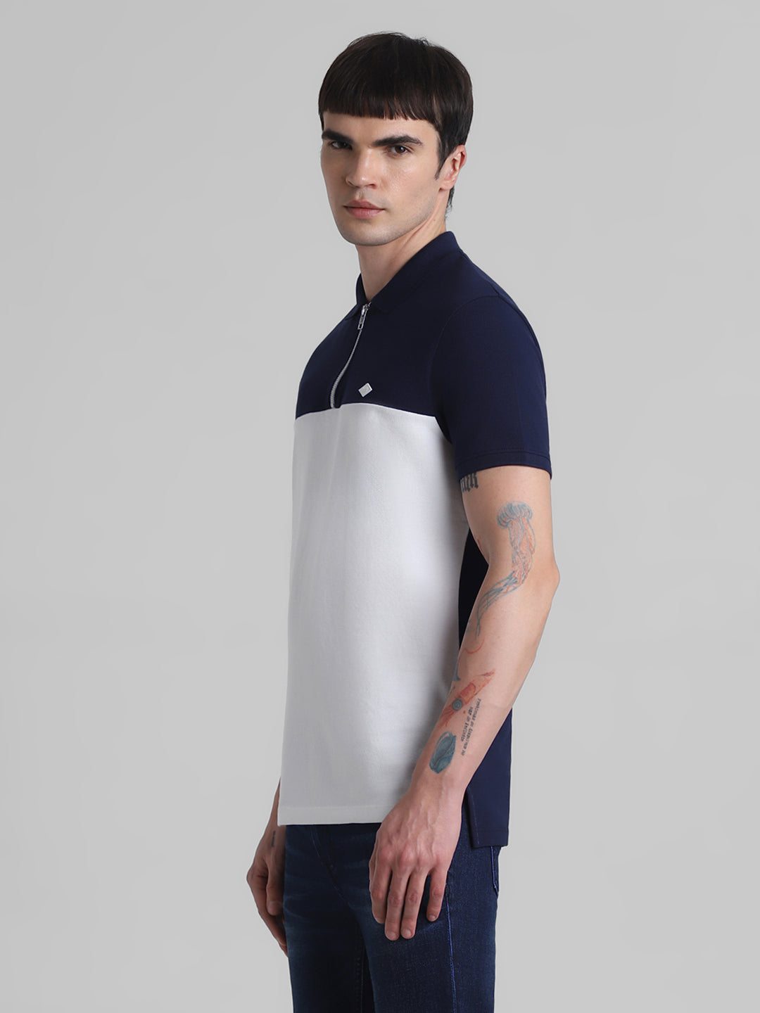 Navy Blue Colourblocked Zipped Polo