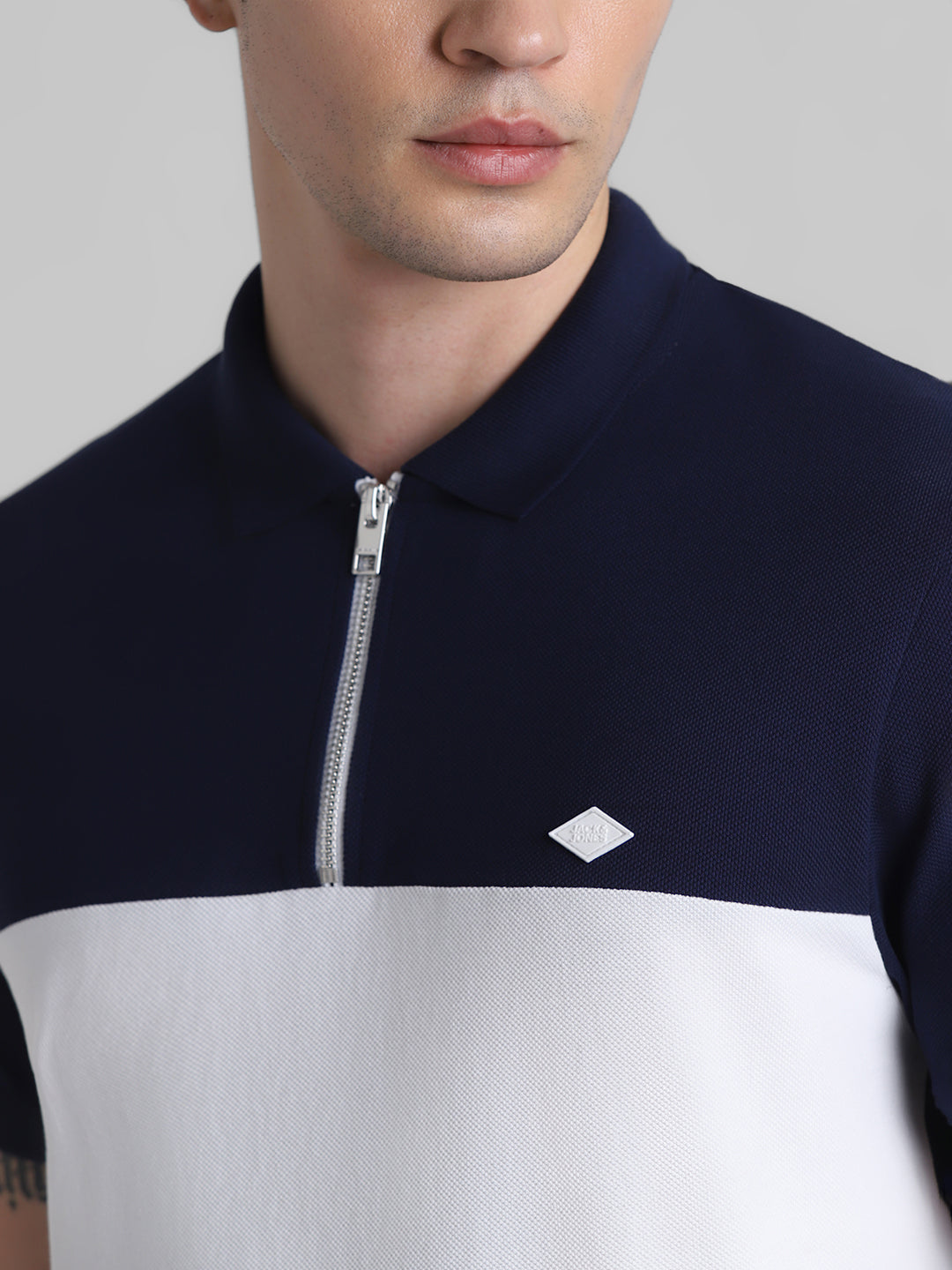 Navy Blue Colourblocked Zipped Polo