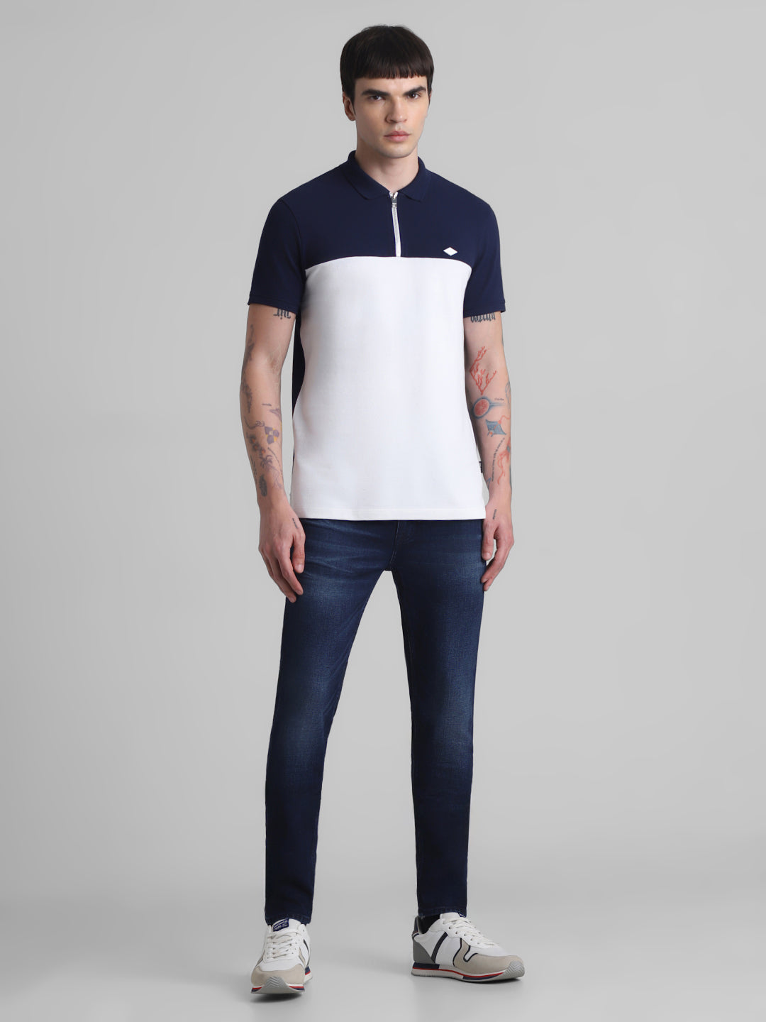 Navy Blue Colourblocked Zipped Polo