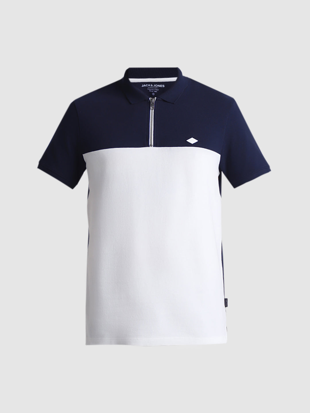 Navy Blue Colourblocked Zipped Polo