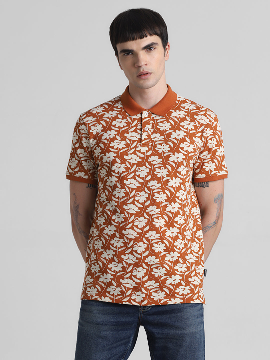 Brown Printed Regular Fit Polo