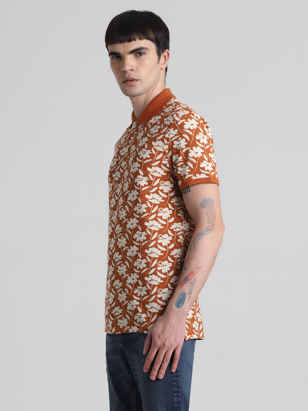 Brown Printed Regular Fit Polo