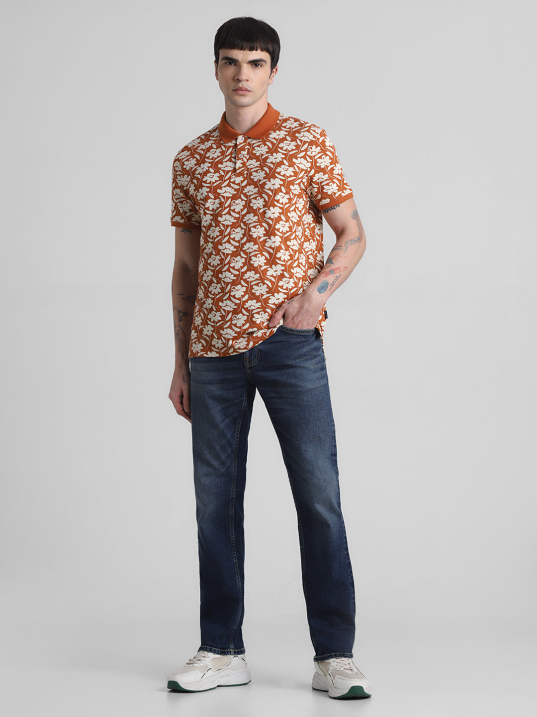 Brown Printed Regular Fit Polo