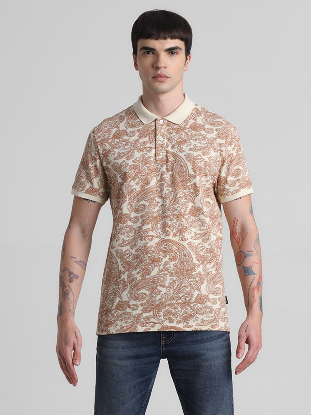 White Paisley Print Polo