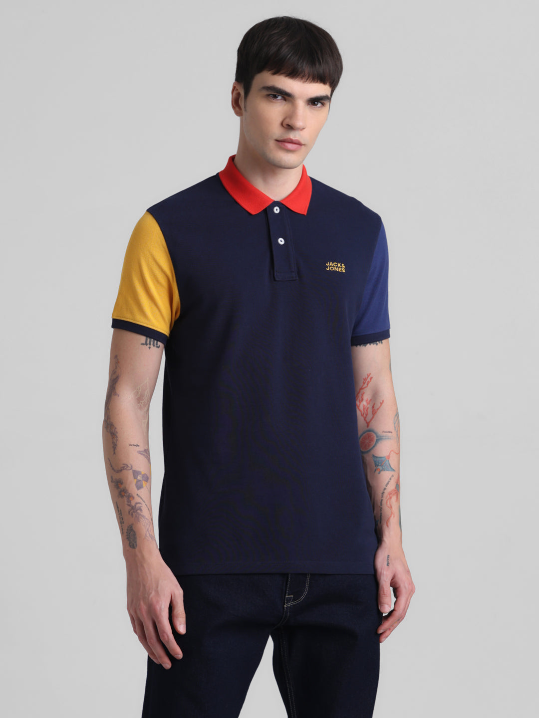 Navy Cotton Colourblocked Polo