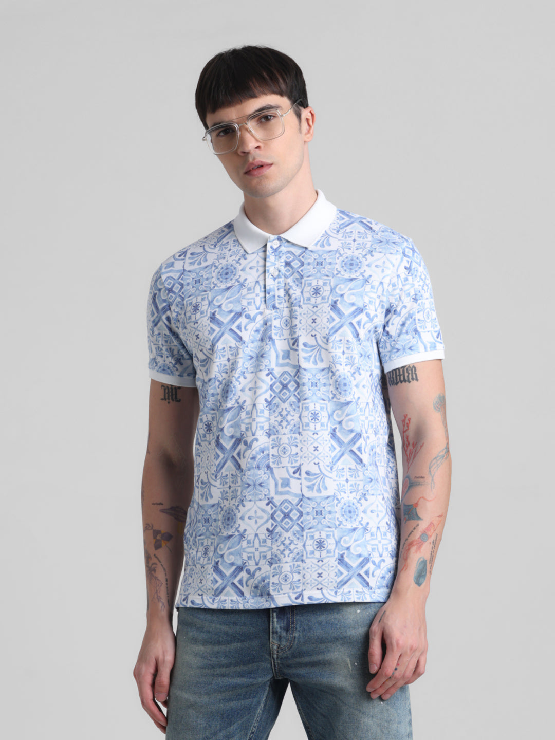 White Printed Polo